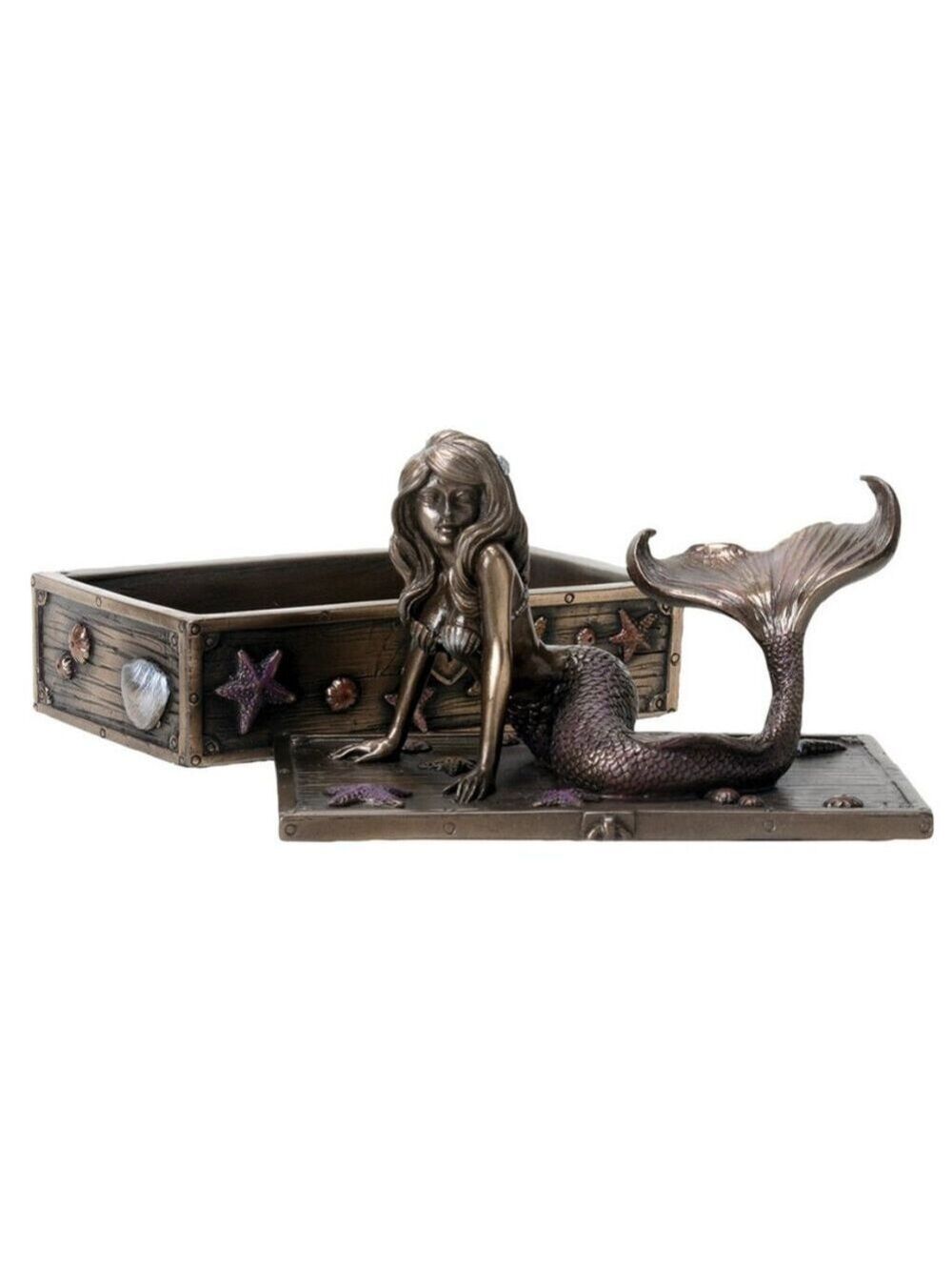Mermaid on Seashell and Starfish Treasure Box Jewelry Trinket Box - Picture 4 of 5